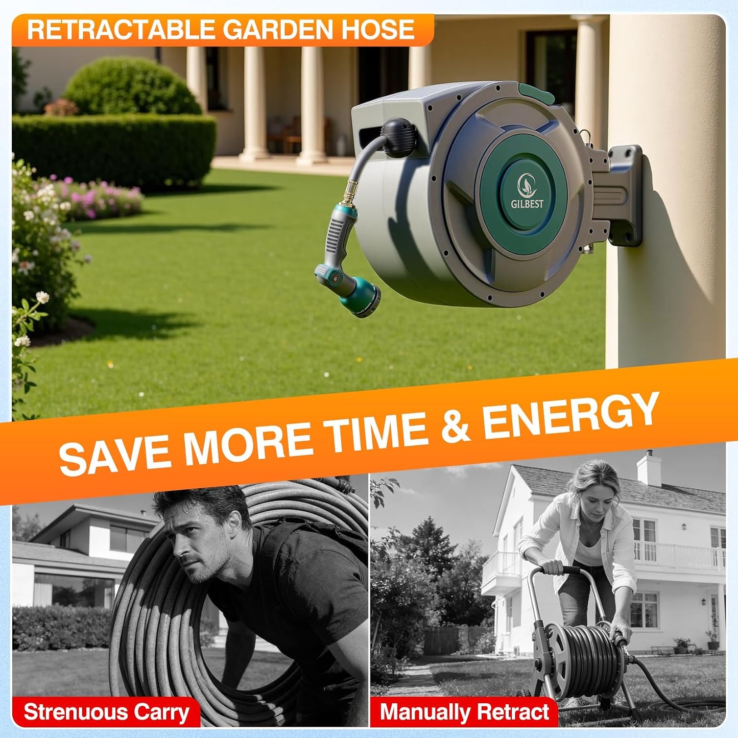 1/2" x 100 ft Retractable Garden Hose Reel, Any Length Lock & 180°Swivel