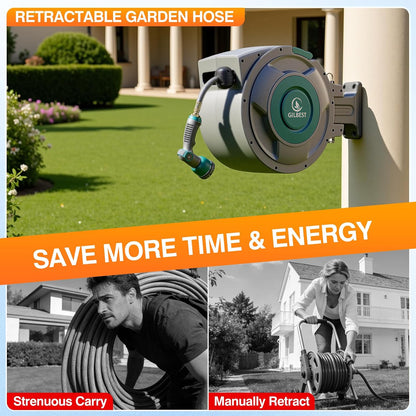 1/2" x 100 ft Retractable Garden Hose Reel, Any Length Lock & 180°Swivel