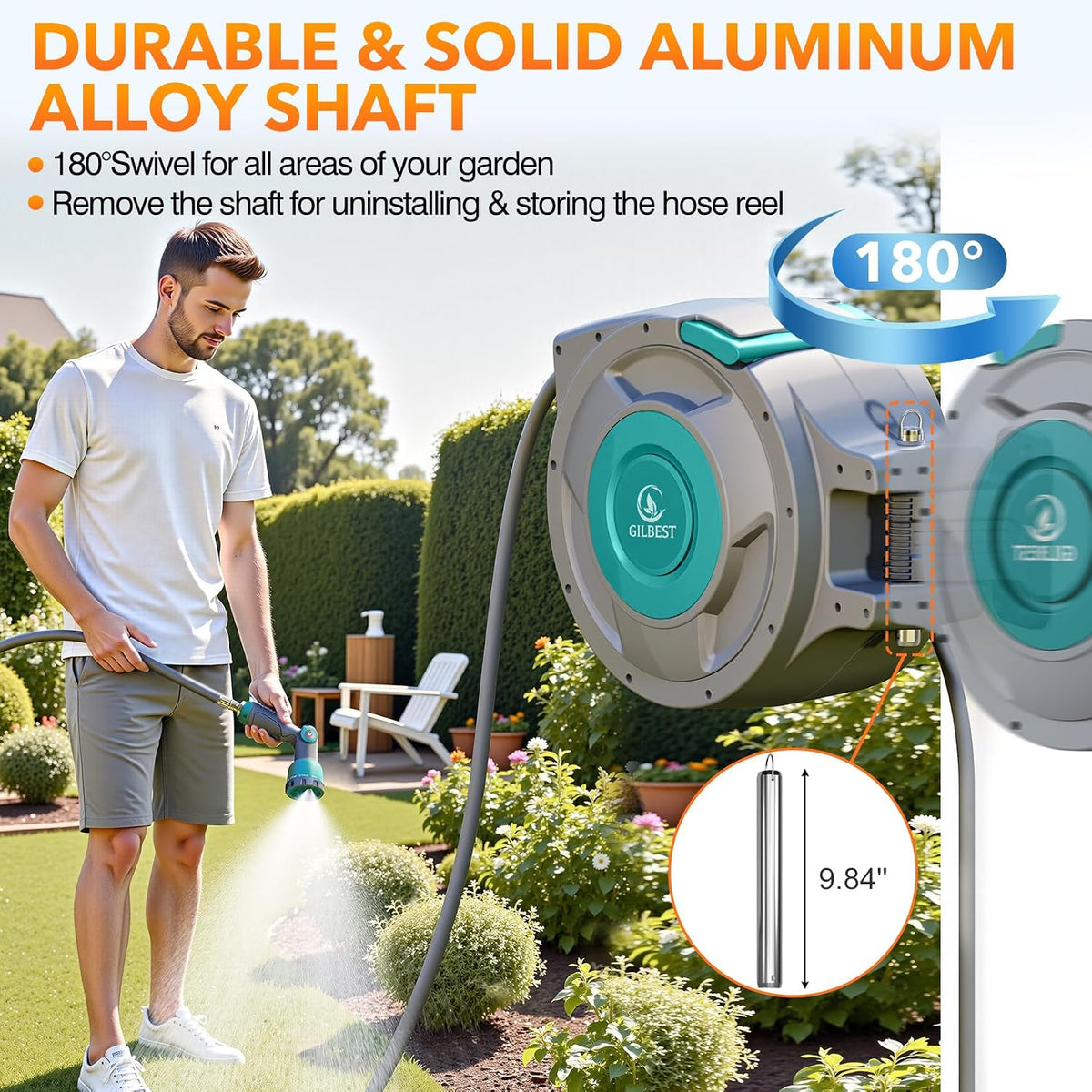 1/2" x 100 ft Retractable Garden Hose Reel, Any Length Lock & 180°Swivel