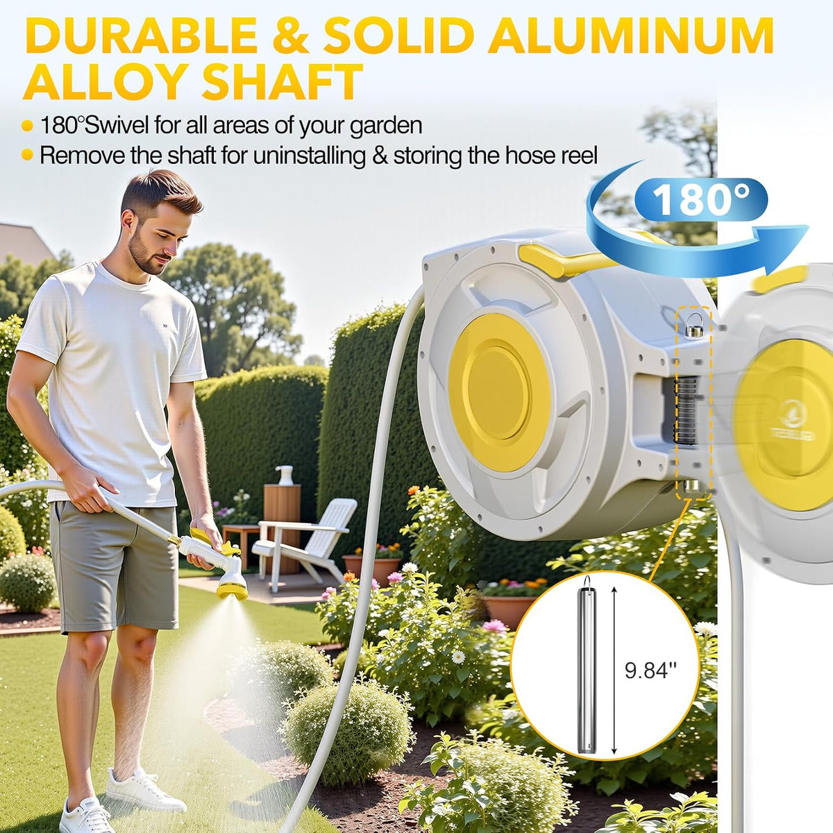 1/2" x 100 ft Retractable Garden Hose Reel, Any Length Lock & 180°Swivel