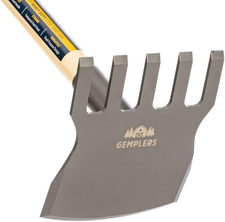 Steel Rake Hoe with Wood Handle, 5 Wide Tines, Multi-Purpose Tool for Gardening, Planting, and Fire Prevention, Commercial Grade