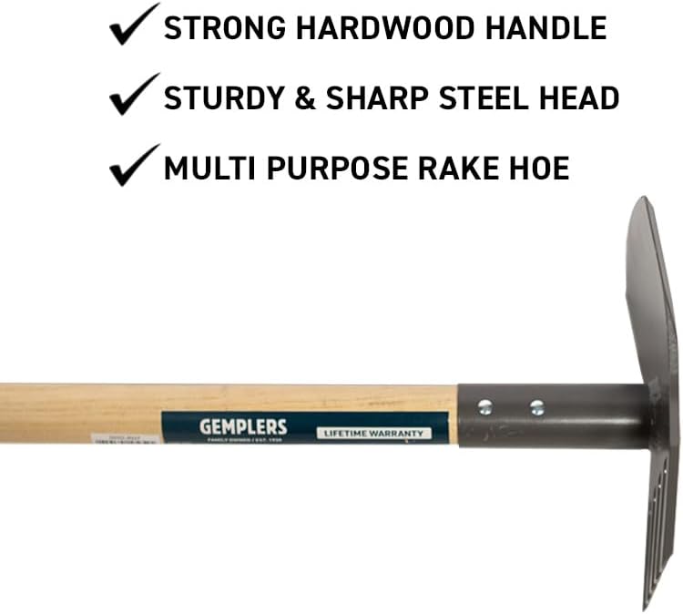 Steel Rake Hoe with Wood Handle, 5 Wide Tines, Multi-Purpose Tool for Gardening, Planting, and Fire Prevention, Commercial Grade