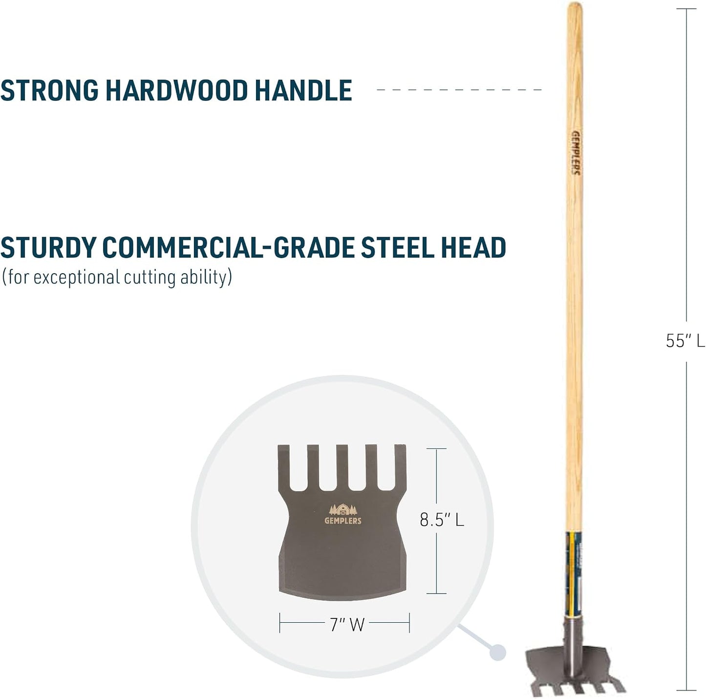 Steel Rake Hoe with Wood Handle, 5 Wide Tines, Multi-Purpose Tool for Gardening, Planting, and Fire Prevention, Commercial Grade