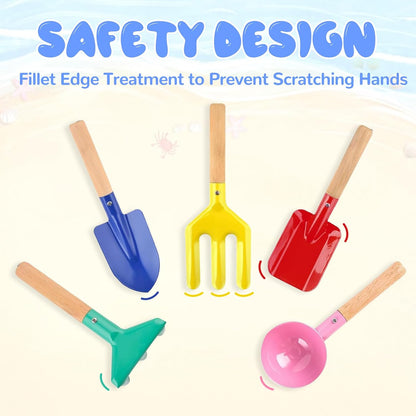 Beach Toys, 5 Pcs Kids Garden Tools, 8'' Children Beach Sand Toys Gardening Set with Sturdy Wooden Handle, Safe Kids Metal Beach Shovel with Spoon, Fork, Rake, Flat Shovel & Pointed Shovel