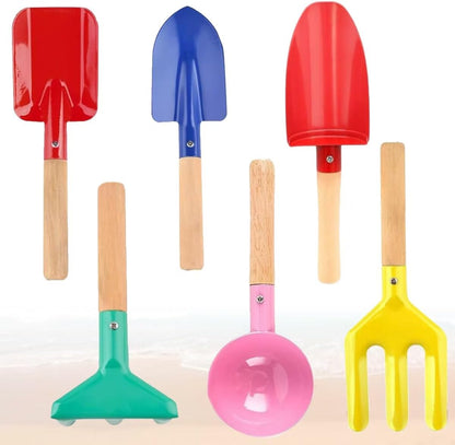 Beach Toys, 5 Pcs Kids Garden Tools, 8'' Children Beach Sand Toys Gardening Set with Sturdy Wooden Handle, Safe Kids Metal Beach Shovel with Spoon, Fork, Rake, Flat Shovel & Pointed Shovel