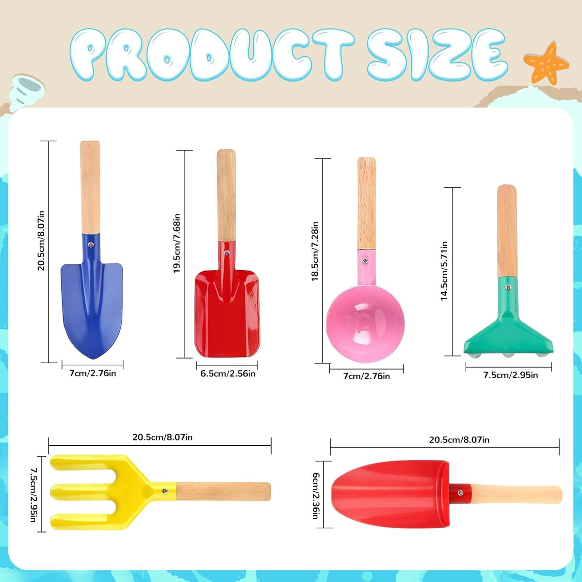 Beach Toys, 5 Pcs Kids Garden Tools, 8'' Children Beach Sand Toys Gardening Set with Sturdy Wooden Handle, Safe Kids Metal Beach Shovel with Spoon, Fork, Rake, Flat Shovel & Pointed Shovel