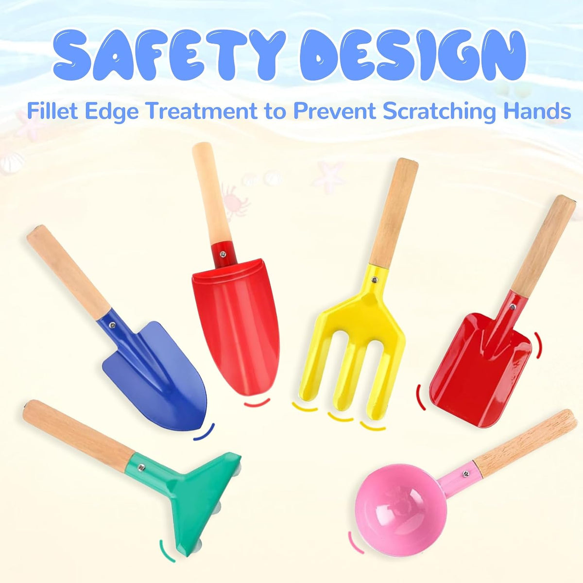 Beach Toys, 5 Pcs Kids Garden Tools, 8'' Children Beach Sand Toys Gardening Set with Sturdy Wooden Handle, Safe Kids Metal Beach Shovel with Spoon, Fork, Rake, Flat Shovel & Pointed Shovel