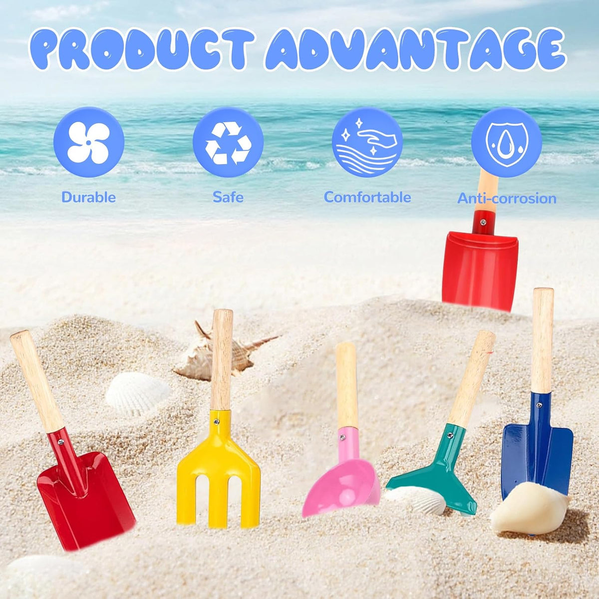 Beach Toys, 5 Pcs Kids Garden Tools, 8'' Children Beach Sand Toys Gardening Set with Sturdy Wooden Handle, Safe Kids Metal Beach Shovel with Spoon, Fork, Rake, Flat Shovel & Pointed Shovel