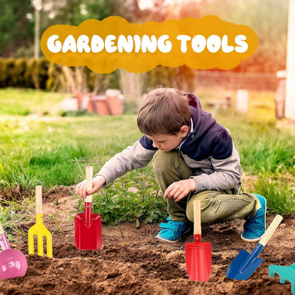 Beach Toys, 5 Pcs Kids Garden Tools, 8'' Children Beach Sand Toys Gardening Set with Sturdy Wooden Handle, Safe Kids Metal Beach Shovel with Spoon, Fork, Rake, Flat Shovel & Pointed Shovel