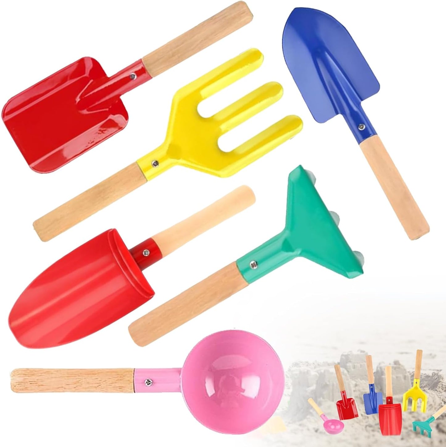 Beach Toys, 5 Pcs Kids Garden Tools, 8'' Children Beach Sand Toys Gardening Set with Sturdy Wooden Handle, Safe Kids Metal Beach Shovel with Spoon, Fork, Rake, Flat Shovel & Pointed Shovel