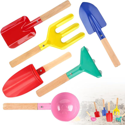 Beach Toys, 5 Pcs Kids Garden Tools, 8'' Children Beach Sand Toys Gardening Set with Sturdy Wooden Handle, Safe Kids Metal Beach Shovel with Spoon, Fork, Rake, Flat Shovel & Pointed Shovel