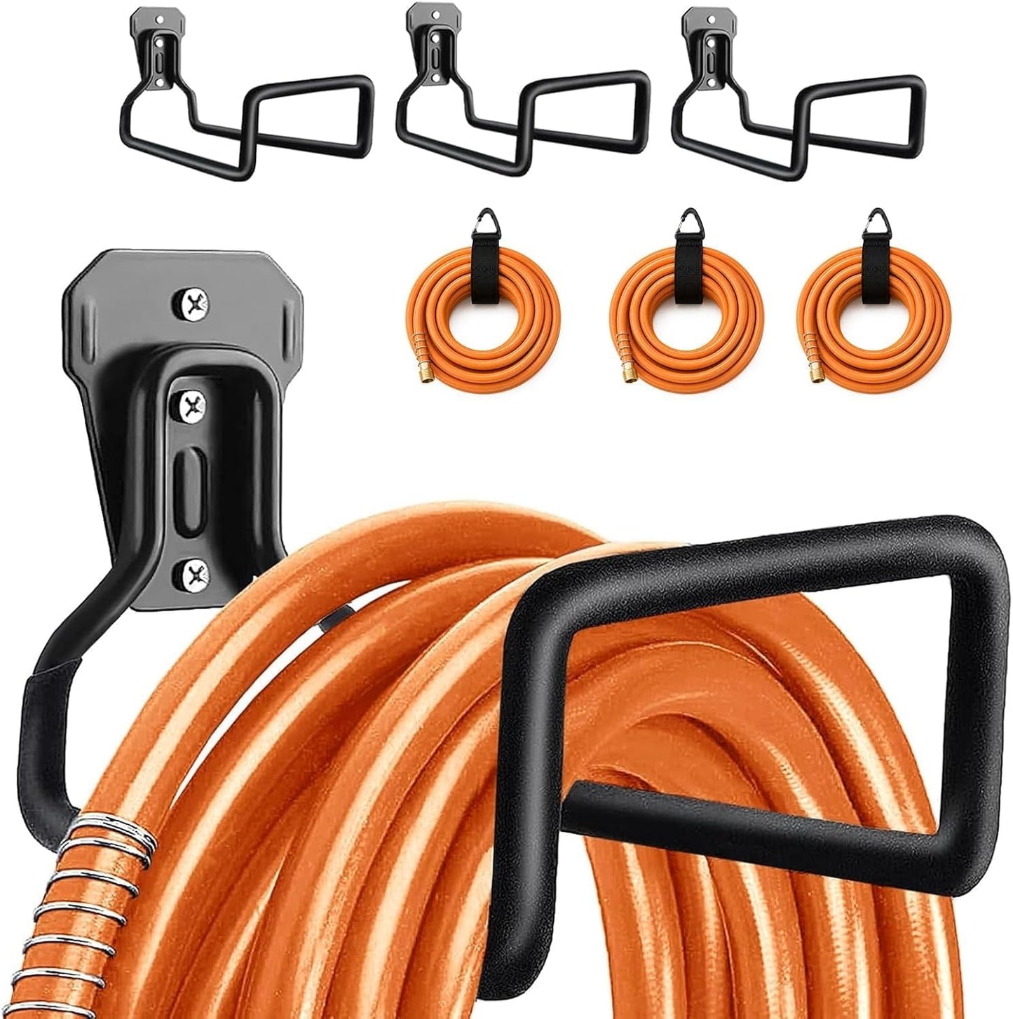 Hose Hanger Wall Mount, Garden Hose Holder Heavy Duty Metal Hook for Water Hose Storage, Rust-Resistant Outdoor Organizer for Garden, Garage, Yard & Fence, Includes Storage Strap, 3 Pack