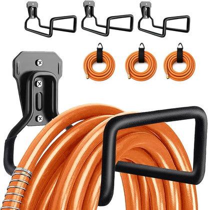 Hose Hanger Wall Mount, Garden Hose Holder Heavy Duty Metal Hook for Water Hose Storage, Rust-Resistant Outdoor Organizer for Garden, Garage, Yard & Fence, Includes Storage Strap, 3 Pack