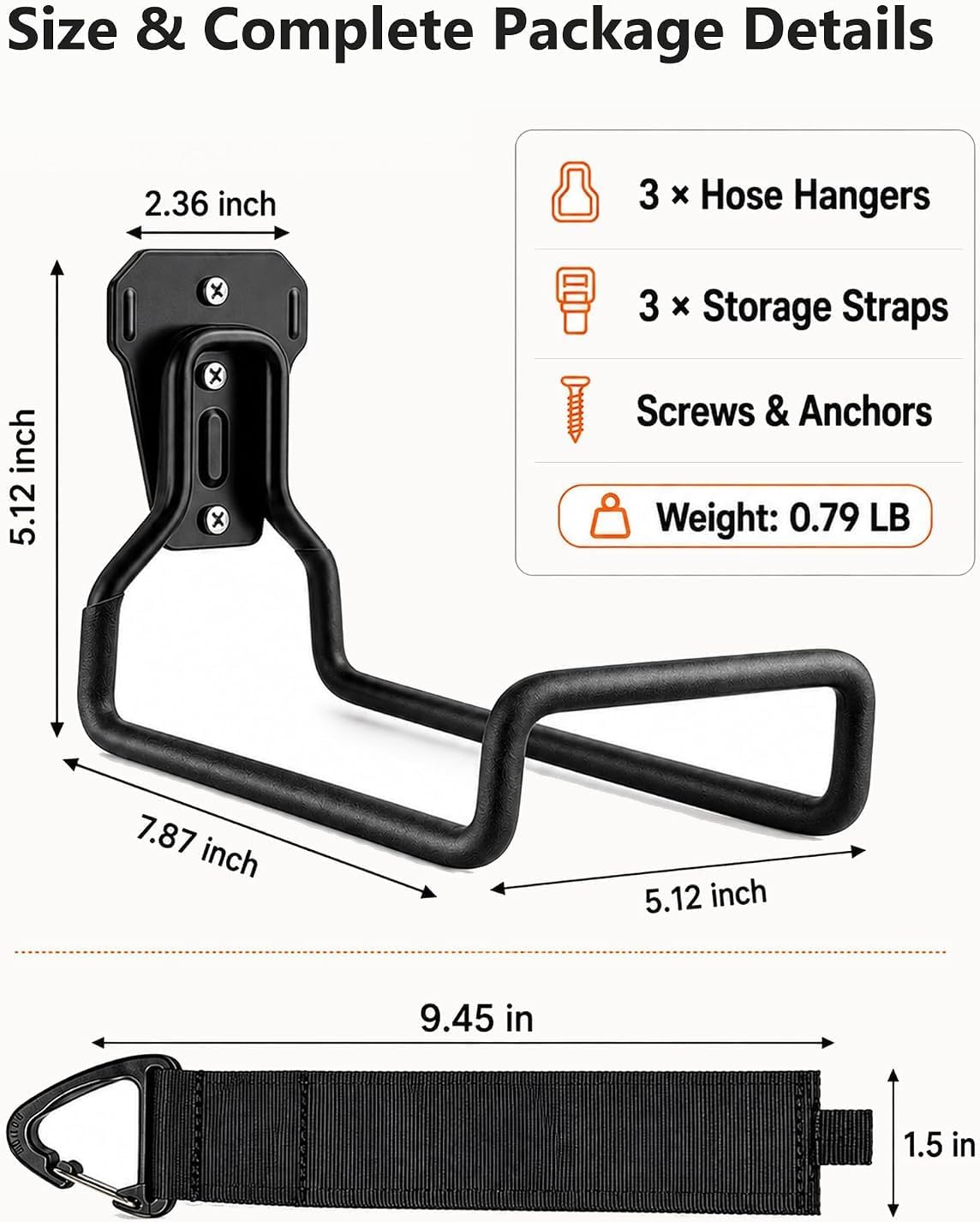 Hose Hanger Wall Mount, Garden Hose Holder Heavy Duty Metal Hook for Water Hose Storage, Rust-Resistant Outdoor Organizer for Garden, Garage, Yard & Fence, Includes Storage Strap, 3 Pack