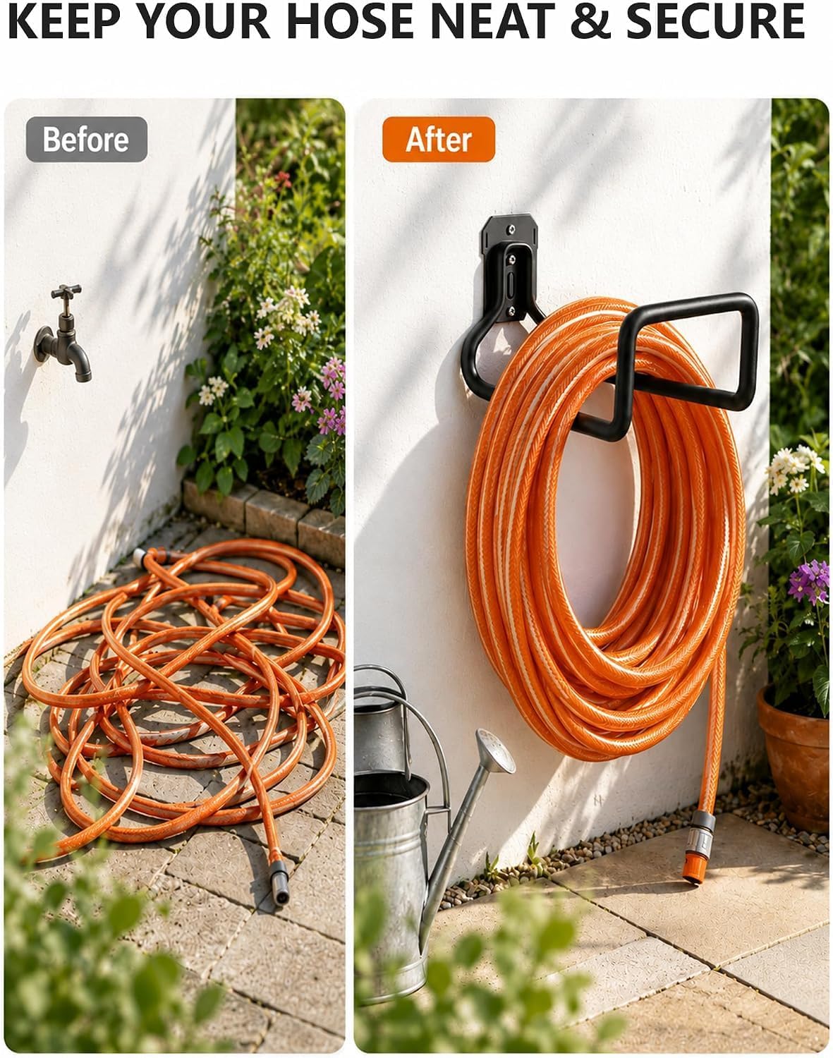 Hose Hanger Wall Mount, Garden Hose Holder Heavy Duty Metal Hook for Water Hose Storage, Rust-Resistant Outdoor Organizer for Garden, Garage, Yard & Fence, Includes Storage Strap, 3 Pack