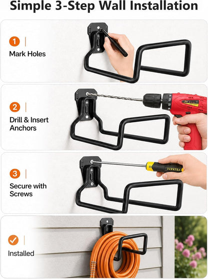 Hose Hanger Wall Mount, Garden Hose Holder Heavy Duty Metal Hook for Water Hose Storage, Rust-Resistant Outdoor Organizer for Garden, Garage, Yard & Fence, Includes Storage Strap, 3 Pack