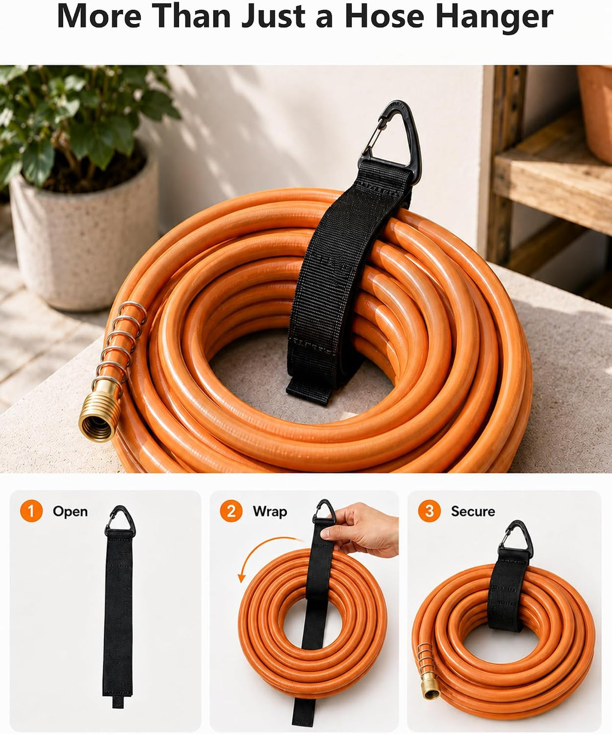 Hose Hanger Wall Mount, Garden Hose Holder Heavy Duty Metal Hook for Water Hose Storage, Rust-Resistant Outdoor Organizer for Garden, Garage, Yard & Fence, Includes Storage Strap, 3 Pack