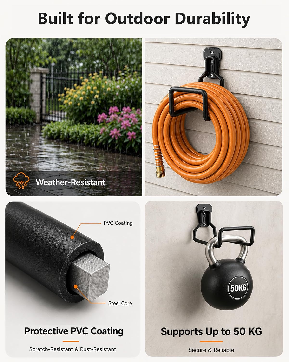Hose Hanger Wall Mount, Garden Hose Holder Heavy Duty Metal Hook for Water Hose Storage, Rust-Resistant Outdoor Organizer for Garden, Garage, Yard & Fence, Includes Storage Strap, 3 Pack