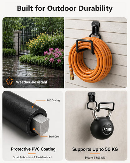 Hose Hanger Wall Mount, Garden Hose Holder Heavy Duty Metal Hook for Water Hose Storage, Rust-Resistant Outdoor Organizer for Garden, Garage, Yard & Fence, Includes Storage Strap, 3 Pack