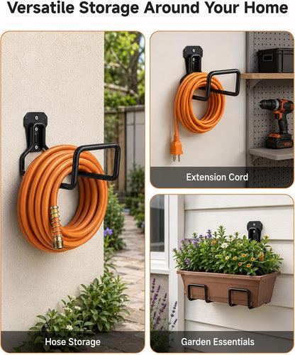 Hose Hanger Wall Mount, Garden Hose Holder Heavy Duty Metal Hook for Water Hose Storage, Rust-Resistant Outdoor Organizer for Garden, Garage, Yard & Fence, Includes Storage Strap, 3 Pack