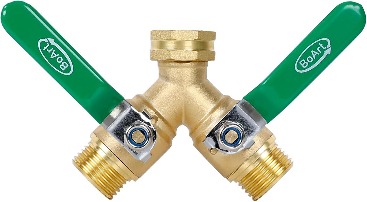 Brass Garden Hose Splitter 2 Way Heavy Duty, Y Valve Hose Splitter With Stainless Steel Long Handle, 3/4" GHT Thread Y Valve Water Garden Hose Tap Adapter