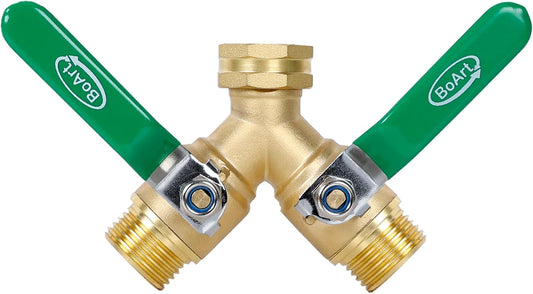 Brass Garden Hose Splitter 2 Way Heavy Duty, Y Valve Hose Splitter With Stainless Steel Long Handle, 3/4" GHT Thread Y Valve Water Garden Hose Tap Adapter