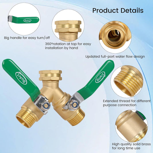 Brass Garden Hose Splitter 2 Way Heavy Duty, Y Valve Hose Splitter With Stainless Steel Long Handle, 3/4" GHT Thread Y Valve Water Garden Hose Tap Adapter