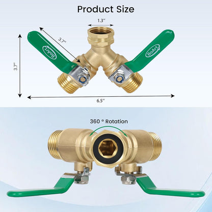 Brass Garden Hose Splitter 2 Way Heavy Duty, Y Valve Hose Splitter With Stainless Steel Long Handle, 3/4" GHT Thread Y Valve Water Garden Hose Tap Adapter