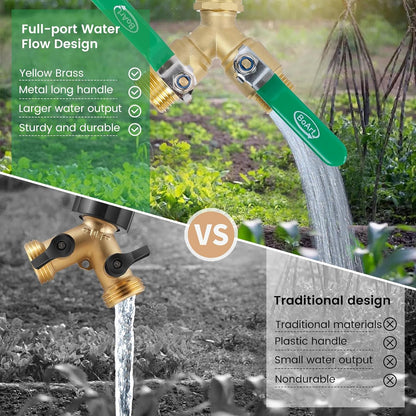 Brass Garden Hose Splitter 2 Way Heavy Duty, Y Valve Hose Splitter With Stainless Steel Long Handle, 3/4" GHT Thread Y Valve Water Garden Hose Tap Adapter