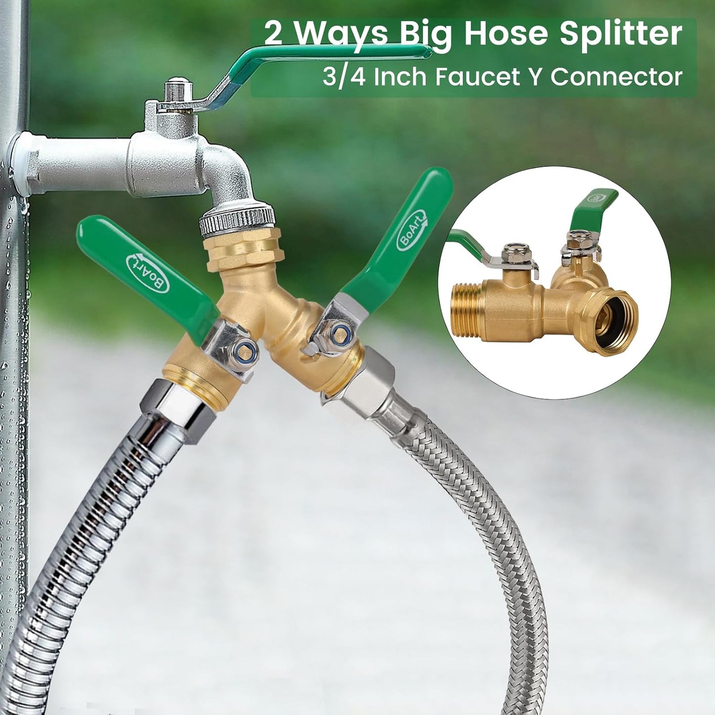 Brass Garden Hose Splitter 2 Way Heavy Duty, Y Valve Hose Splitter With Stainless Steel Long Handle, 3/4" GHT Thread Y Valve Water Garden Hose Tap Adapter