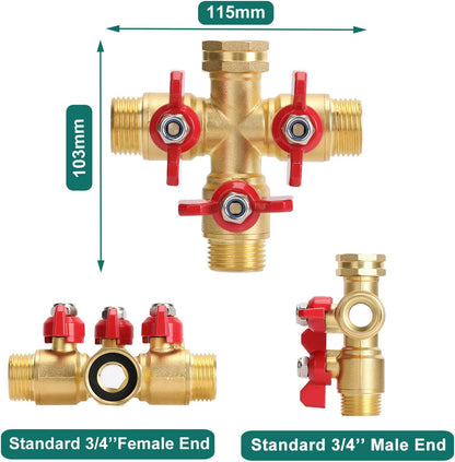Brass Garden Hose Splitter 2 Way Heavy Duty, Y Valve Hose Splitter With Stainless Steel Long Handle, 3/4" GHT Thread Y Valve Water Garden Hose Tap Adapter