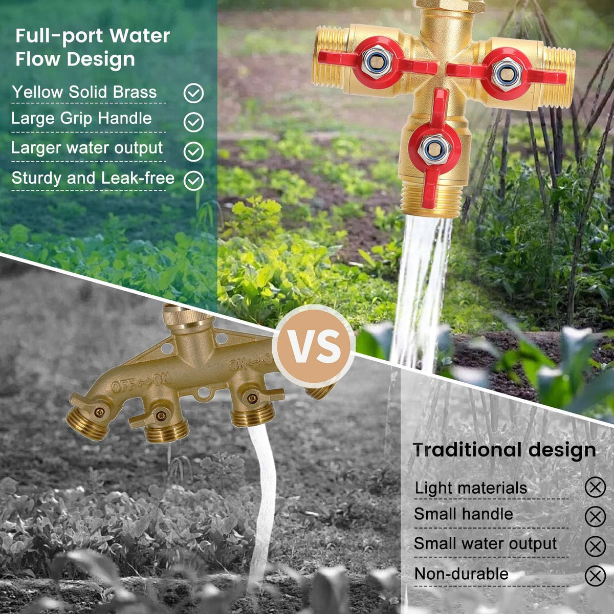 Brass Garden Hose Splitter 2 Way Heavy Duty, Y Valve Hose Splitter With Stainless Steel Long Handle, 3/4" GHT Thread Y Valve Water Garden Hose Tap Adapter