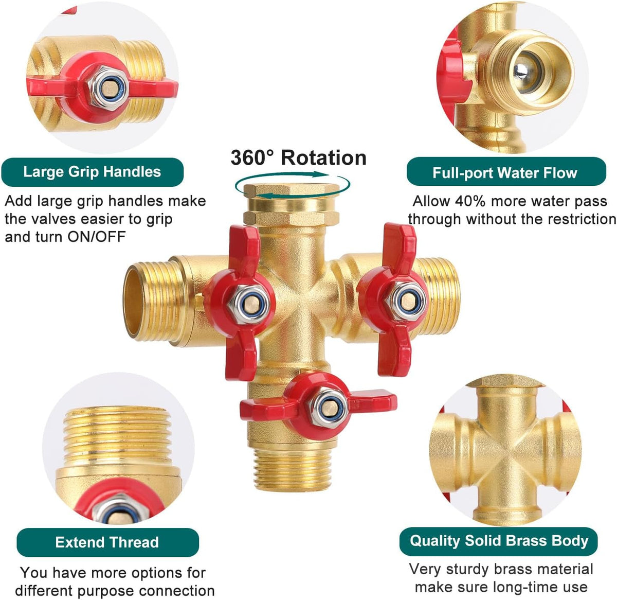 Brass Garden Hose Splitter 2 Way Heavy Duty, Y Valve Hose Splitter With Stainless Steel Long Handle, 3/4" GHT Thread Y Valve Water Garden Hose Tap Adapter