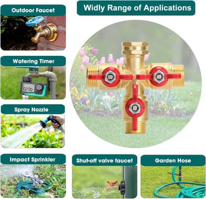 Brass Garden Hose Splitter 2 Way Heavy Duty, Y Valve Hose Splitter With Stainless Steel Long Handle, 3/4" GHT Thread Y Valve Water Garden Hose Tap Adapter