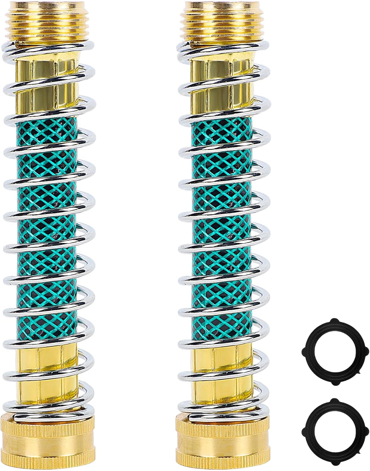 Triumpeek 3/4" Brass 2 Way Hose Splitter, Brass 2 Way Garden Hose Connector with 2 Pcs Garden Hose Coiled Spring Protectors and 6 Rubber Washers
