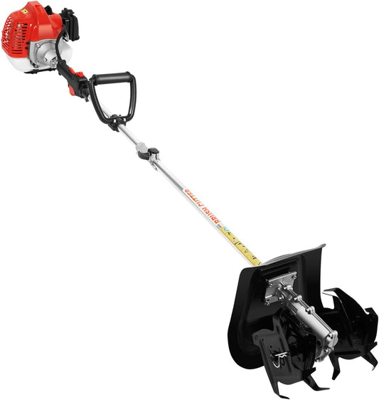 Mini Garden Tiller Cultivator, 51.7CC 2-Stroke 6500RPM Gas Powered Tiller Soil Cultivator with Long Handle, Garden Rototiller for Ploughing, Furrowing, Weeding