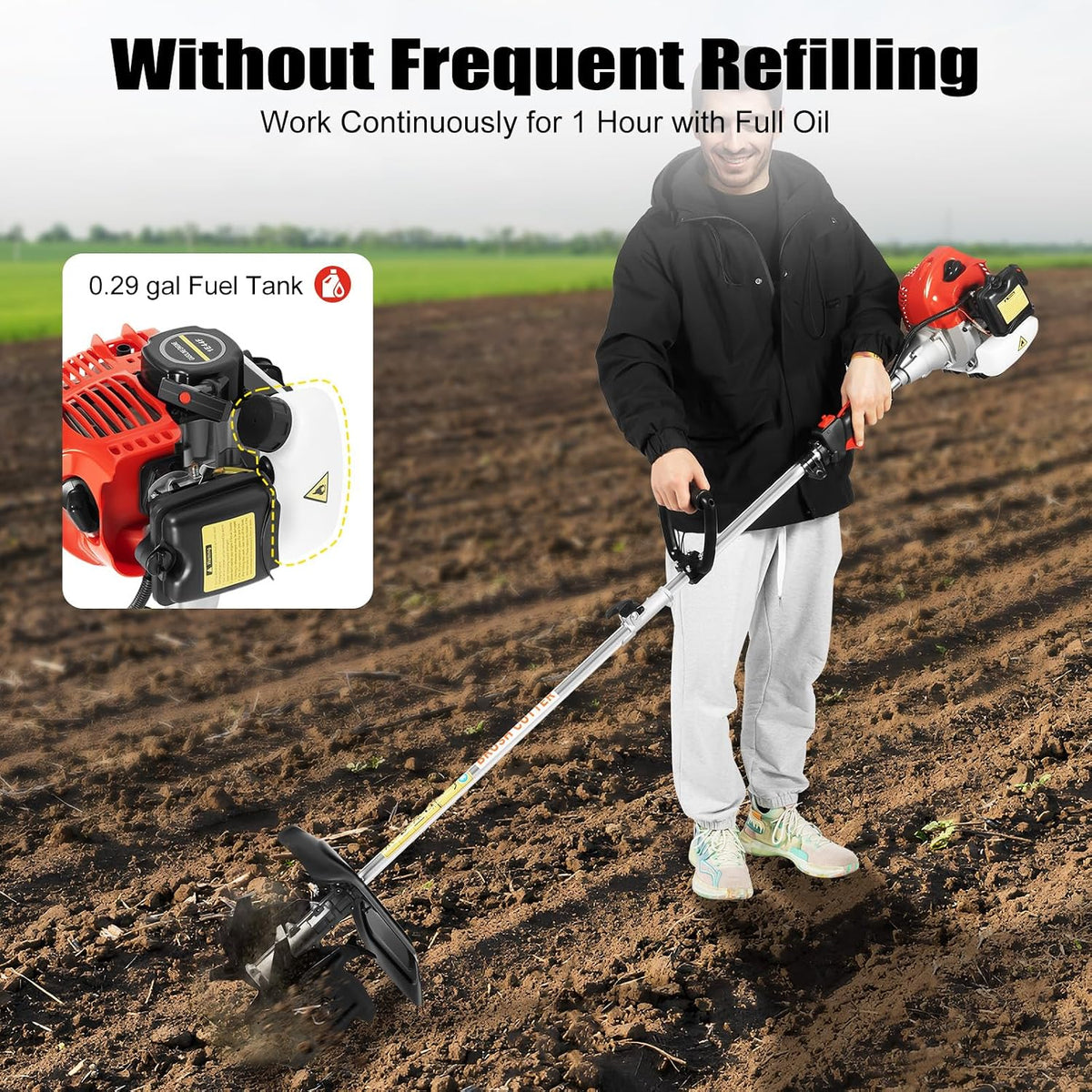 Mini Garden Tiller Cultivator, 51.7CC 2-Stroke 6500RPM Gas Powered Tiller Soil Cultivator with Long Handle, Garden Rototiller for Ploughing, Furrowing, Weeding