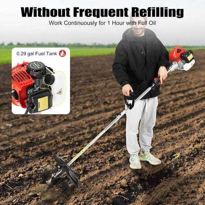 Mini Garden Tiller Cultivator, 51.7CC 2-Stroke 6500RPM Gas Powered Tiller Soil Cultivator with Long Handle, Garden Rototiller for Ploughing, Furrowing, Weeding