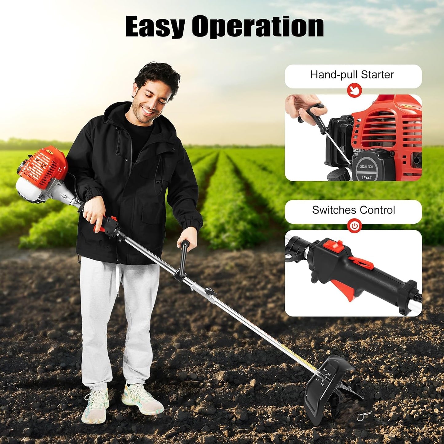 Mini Garden Tiller Cultivator, 51.7CC 2-Stroke 6500RPM Gas Powered Tiller Soil Cultivator with Long Handle, Garden Rototiller for Ploughing, Furrowing, Weeding