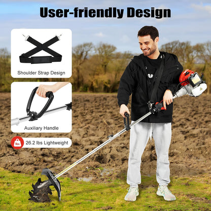 Mini Garden Tiller Cultivator, 51.7CC 2-Stroke 6500RPM Gas Powered Tiller Soil Cultivator with Long Handle, Garden Rototiller for Ploughing, Furrowing, Weeding