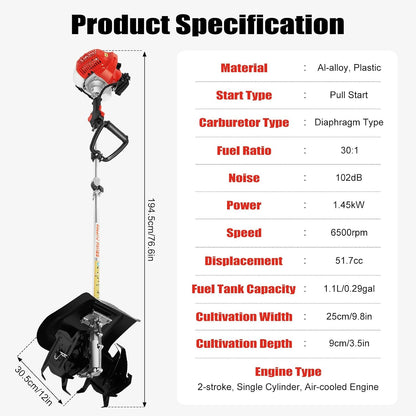 Mini Garden Tiller Cultivator, 51.7CC 2-Stroke 6500RPM Gas Powered Tiller Soil Cultivator with Long Handle, Garden Rototiller for Ploughing, Furrowing, Weeding