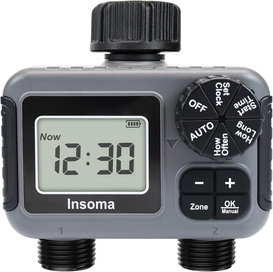 2 Zone Water Timer, Programmable Irrigation Sprinkler Timer for Garden Hose, Outdoor Hose Faucet Timers with Rain Delay/Manual/Auto Modes, IPX5 Waterproof for Drip System & Lawn