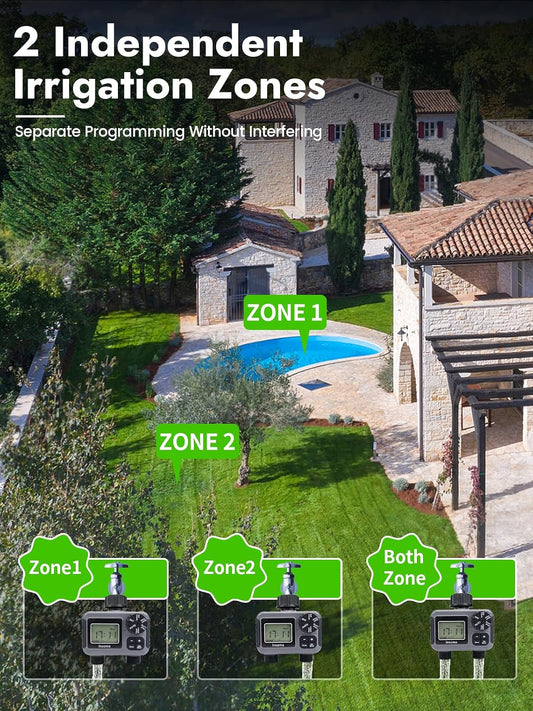 2 Zone Water Timer, Programmable Irrigation Sprinkler Timer for Garden Hose, Outdoor Hose Faucet Timers with Rain Delay/Manual/Auto Modes, IPX5 Waterproof for Drip System & Lawn