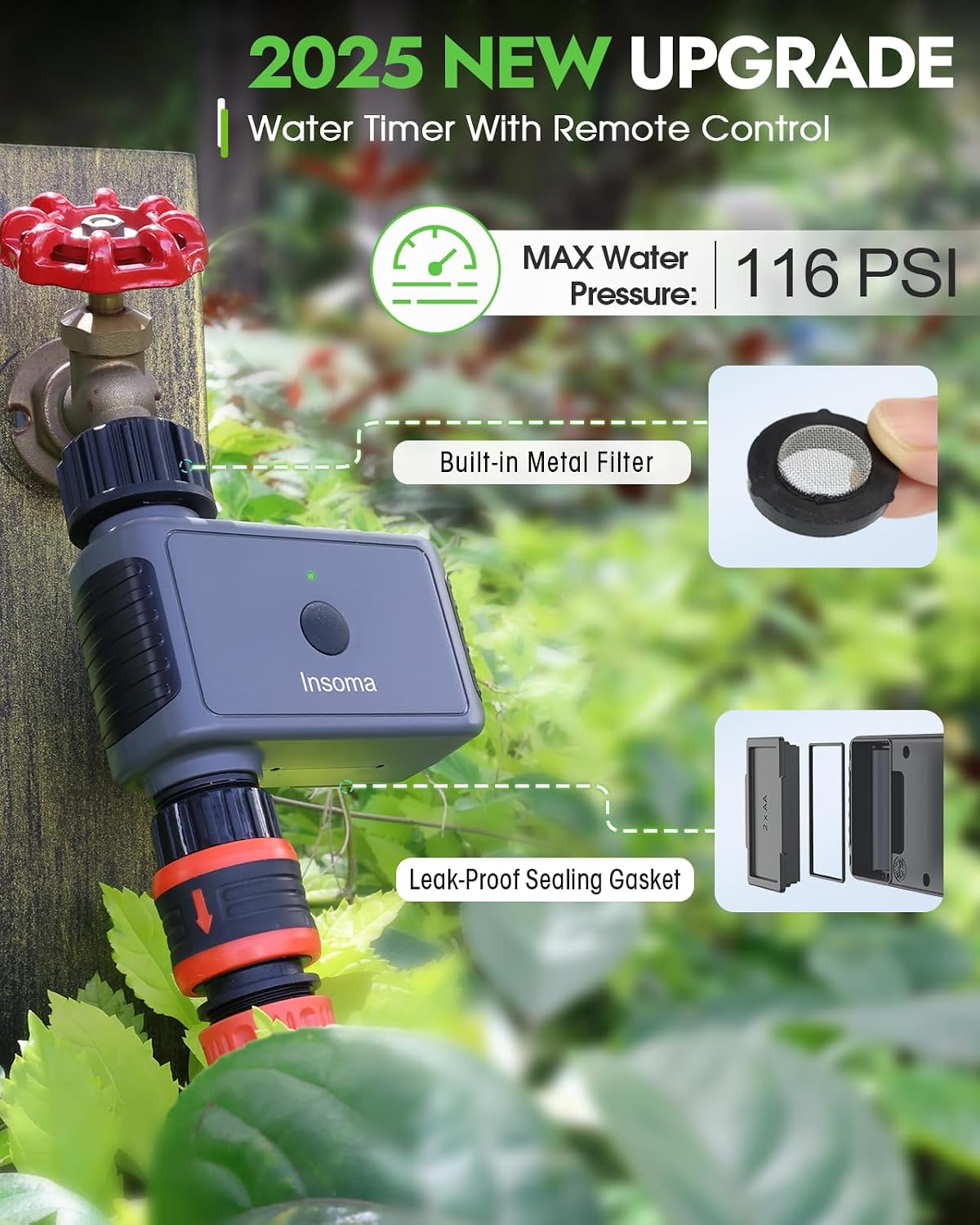 2 Zone Water Timer, Programmable Irrigation Sprinkler Timer for Garden Hose, Outdoor Hose Faucet Timers with Rain Delay/Manual/Auto Modes, IPX5 Waterproof for Drip System & Lawn