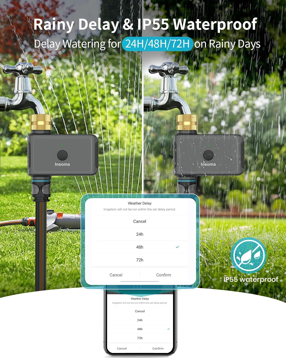 2 Zone Water Timer, Programmable Irrigation Sprinkler Timer for Garden Hose, Outdoor Hose Faucet Timers with Rain Delay/Manual/Auto Modes, IPX5 Waterproof for Drip System & Lawn