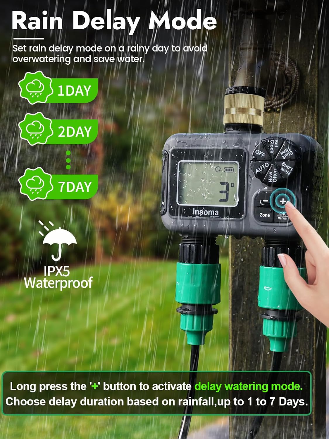 2 Zone Water Timer, Programmable Irrigation Sprinkler Timer for Garden Hose, Outdoor Hose Faucet Timers with Rain Delay/Manual/Auto Modes, IPX5 Waterproof for Drip System & Lawn
