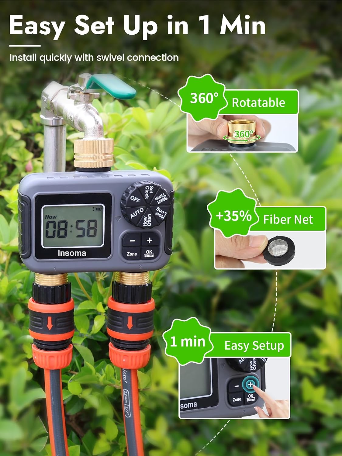 2 Zone Water Timer, Programmable Irrigation Sprinkler Timer for Garden Hose, Outdoor Hose Faucet Timers with Rain Delay/Manual/Auto Modes, IPX5 Waterproof for Drip System & Lawn