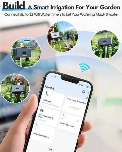 2 Zone Water Timer, Programmable Irrigation Sprinkler Timer for Garden Hose, Outdoor Hose Faucet Timers with Rain Delay/Manual/Auto Modes, IPX5 Waterproof for Drip System & Lawn