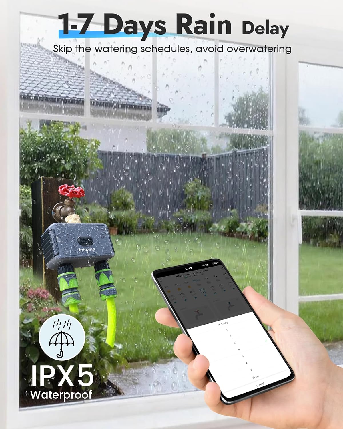 2 Zone Water Timer, Programmable Irrigation Sprinkler Timer for Garden Hose, Outdoor Hose Faucet Timers with Rain Delay/Manual/Auto Modes, IPX5 Waterproof for Drip System & Lawn