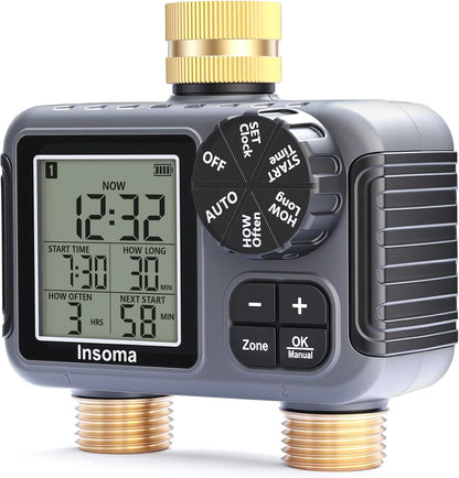 2 Zone Water Timer, Programmable Irrigation Sprinkler Timer for Garden Hose, Outdoor Hose Faucet Timers with Rain Delay/Manual/Auto Modes, IPX5 Waterproof for Drip System & Lawn
